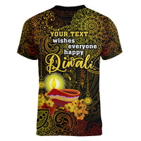 personalized-happy-diwali-festival-women-v-neck-t-shirt-diya-lamp-hibiscus-polynesian-pattern