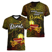 personalized-happy-diwali-festival-women-v-neck-t-shirt-diya-lamp-hibiscus-polynesian-pattern