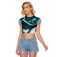 Aotearoa New Zealand Raglan Cropped T Shirt Maori Wera Paua Shell Teal Glitter LT05 Female Teal - Polynesian Pride