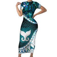 Aotearoa New Zealand Short Sleeve Bodycon Dress Maori Wera Paua Shell Teal Glitter LT05 Long Dress Teal - Polynesian Pride