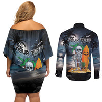 Personalised Hawaii Halloween Couples Matching Off Shoulder Short Dress and Long Sleeve Button Shirt Hallowaiian Skeleton Surf LT05 - Polynesian Pride