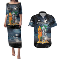 Personalised Hawaii Halloween Couples Matching Puletasi and Hawaiian Shirt Hallowaiian Skeleton Surf LT05 Black - Polynesian Pride