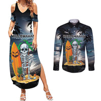 Personalised Hawaii Halloween Couples Matching Summer Maxi Dress and Long Sleeve Button Shirt Hallowaiian Skeleton Surf LT05 Black - Polynesian Pride