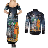 Personalised Hawaii Halloween Couples Matching Summer Maxi Dress and Long Sleeve Button Shirt Hallowaiian Skeleton Surf LT05 - Polynesian Pride