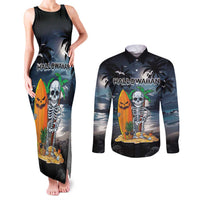 Personalised Hawaii Halloween Couples Matching Tank Maxi Dress and Long Sleeve Button Shirt Hallowaiian Skeleton Surf LT05 Black - Polynesian Pride