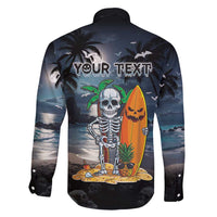 Personalised Hawaii Halloween Family Matching Short Sleeve Bodycon Dress and Hawaiian Shirt Hallowaiian Skeleton Surf LT05 - Polynesian Pride