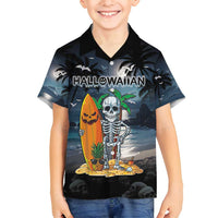 Personalised Hawaii Halloween Family Matching Summer Maxi Dress and Hawaiian Shirt Hallowaiian Skeleton Surf LT05 Son's Shirt Black - Polynesian Pride