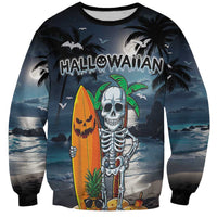 Personalised Hawaii Halloween Sweatshirt Hallowaiian Skeleton Surf LT05 Unisex Black - Polynesian Pride