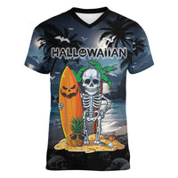 Personalised Hawaii Halloween Women V-Neck T-Shirt Hallowaiian Skeleton Surf LT05 Female Black - Polynesian Pride