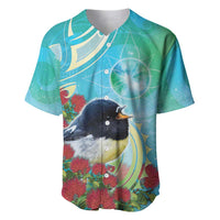 New Zealand Tomtit Baseball Jersey Maori Koru With Pohutukawa Galaxy Style LT05 Aqua - Polynesian Pride