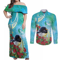 New Zealand Tomtit Couples Matching Off Shoulder Maxi Dress and Long Sleeve Button Shirt Maori Koru With Pohutukawa Galaxy Style - Polynesian Pride