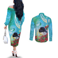New Zealand Tomtit Couples Matching Off The Shoulder Long Sleeve Dress and Long Sleeve Button Shirt Maori Koru With Pohutukawa Galaxy Style - Polynesian Pride