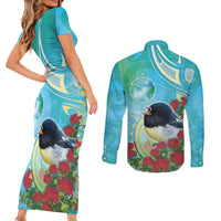 New Zealand Tomtit Couples Matching Short Sleeve Bodycon Dress and Long Sleeve Button Shirt Maori Koru With Pohutukawa Galaxy Style - Polynesian Pride