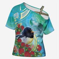 New Zealand Tomtit Cross Shoulder Shirt Maori Koru With Pohutukawa Galaxy Style LT05 Female Aqua - Polynesian Pride