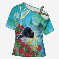New Zealand Tomtit Cross Shoulder Shirt Maori Koru With Pohutukawa Galaxy Style - Polynesian Pride