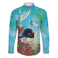 New Zealand Tomtit Family Matching Long Sleeve Bodycon Dress and Hawaiian Shirt Maori Koru With Pohutukawa Galaxy Style - Polynesian Pride