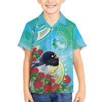 New Zealand Tomtit Family Matching Long Sleeve Bodycon Dress and Hawaiian Shirt Maori Koru With Pohutukawa Galaxy Style - Polynesian Pride