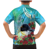 New Zealand Tomtit Family Matching Mermaid Dress and Hawaiian Shirt Maori Koru With Pohutukawa Galaxy Style - Polynesian Pride