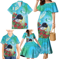 New Zealand Tomtit Family Matching Mermaid Dress and Hawaiian Shirt Maori Koru With Pohutukawa Galaxy Style - Polynesian Pride