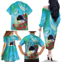 New Zealand Tomtit Family Matching Off The Shoulder Long Sleeve Dress and Hawaiian Shirt Maori Koru With Pohutukawa Galaxy Style - Polynesian Pride