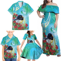 New Zealand Tomtit Family Matching Off Shoulder Maxi Dress and Hawaiian Shirt Maori Koru With Pohutukawa Galaxy Style - Polynesian Pride