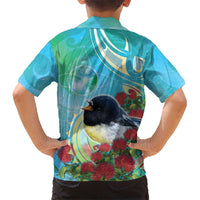 New Zealand Tomtit Family Matching Short Sleeve Bodycon Dress and Hawaiian Shirt Maori Koru With Pohutukawa Galaxy Style - Polynesian Pride