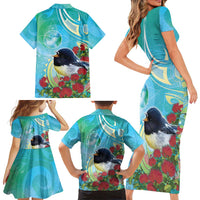 New Zealand Tomtit Family Matching Short Sleeve Bodycon Dress and Hawaiian Shirt Maori Koru With Pohutukawa Galaxy Style - Polynesian Pride