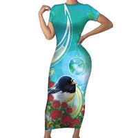New Zealand Tomtit Family Matching Short Sleeve Bodycon Dress and Hawaiian Shirt Maori Koru With Pohutukawa Galaxy Style - Polynesian Pride