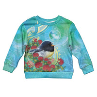 New Zealand Tomtit Kid Ugly Christmas Sweater Maori Koru With Pohutukawa Galaxy Style LT05 Kid Aqua - Polynesian Pride