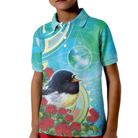 New Zealand Tomtit Kid Polo Shirt Maori Koru With Pohutukawa Galaxy Style LT05 Kid Aqua - Polynesian Pride
