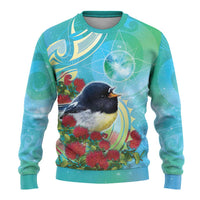 New Zealand Tomtit Ugly Christmas Sweater Maori Koru With Pohutukawa Galaxy Style - Polynesian Pride