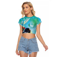 New Zealand Tomtit Raglan Cropped T Shirt Maori Koru With Pohutukawa Galaxy Style LT05 Female Aqua - Polynesian Pride