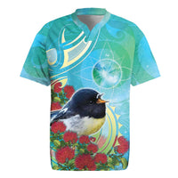 New Zealand Tomtit Rugby Jersey Maori Koru With Pohutukawa Galaxy Style LT05 Aqua - Polynesian Pride