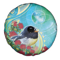 New Zealand Tomtit Spare Tire Cover Maori Koru With Pohutukawa Galaxy Style - Polynesian Pride
