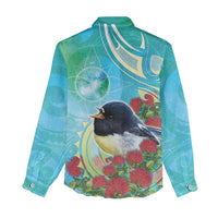 New Zealand Tomtit Women Casual Shirt Maori Koru With Pohutukawa Galaxy Style - Polynesian Pride