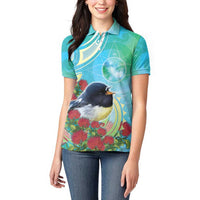 New Zealand Tomtit Women Polo Shirt Maori Koru With Pohutukawa Galaxy Style - Polynesian Pride