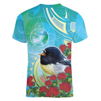 New Zealand Tomtit Women V-Neck T-Shirt Maori Koru With Pohutukawa Galaxy Style - Polynesian Pride