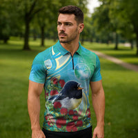 New Zealand Tomtit Zipper Polo Shirt Maori Koru With Pohutukawa Galaxy Style - Polynesian Pride