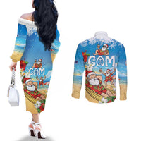 Guam Christmas Couples Matching Off The Shoulder Long Sleeve Dress and Long Sleeve Button Shirt Felis Pasgua Chilling Santa - Polynesian Pride