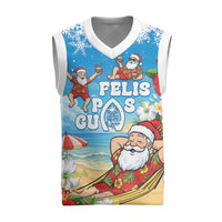 Guam Christmas Knitted V-Neck Vest Felis Pasgua Chilling Santa LT05 Blue - Polynesian Pride