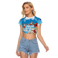 Guam Christmas Raglan Cropped T Shirt Felis Pasgua Chilling Santa LT05 Female Blue - Polynesian Pride