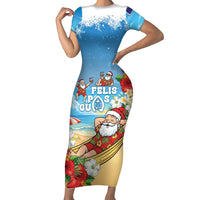 Guam Christmas Short Sleeve Bodycon Dress Felis Pasgua Chilling Santa LT05 Long Dress Blue - Polynesian Pride