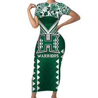 Custom Hawaii Football Short Sleeve Bodycon Dress Rainbow Warriors Tropical Vibes LT05 Long Dress Green - Polynesian Pride