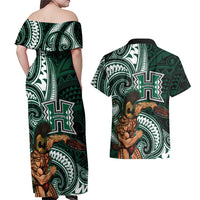 Hawaii Ikaika Warrior Football Couples Matching Off Shoulder Maxi Dress and Hawaiian Shirt Polynesian Tribal Tattoo - Polynesian Pride
