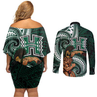 Hawaii Ikaika Warrior Football Couples Matching Off Shoulder Short Dress and Long Sleeve Button Shirt Polynesian Tribal Tattoo - Polynesian Pride