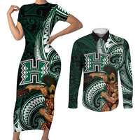 Hawaii Ikaika Warrior Football Couples Matching Short Sleeve Bodycon Dress and Long Sleeve Button Shirt Polynesian Tribal Tattoo - Polynesian Pride