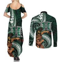Hawaii Ikaika Warrior Football Couples Matching Summer Maxi Dress and Long Sleeve Button Shirt Polynesian Tribal Tattoo - Polynesian Pride