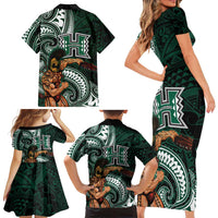 Hawaii Ikaika Warrior Football Family Matching Short Sleeve Bodycon Dress and Hawaiian Shirt Polynesian Tribal Tattoo - Polynesian Pride