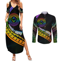 Personalised LGBT History Month Couples Matching Summer Maxi Dress and Long Sleeve Button Shirt Proud And Happy Polynesian Dolphin LT05 Black - Polynesian Pride