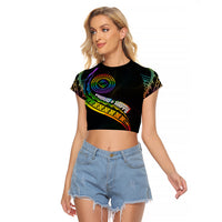 Personalised LGBT History Month Raglan Cropped T Shirt Proud And Happy Polynesian Dolphin LT05 Female Black - Polynesian Pride
